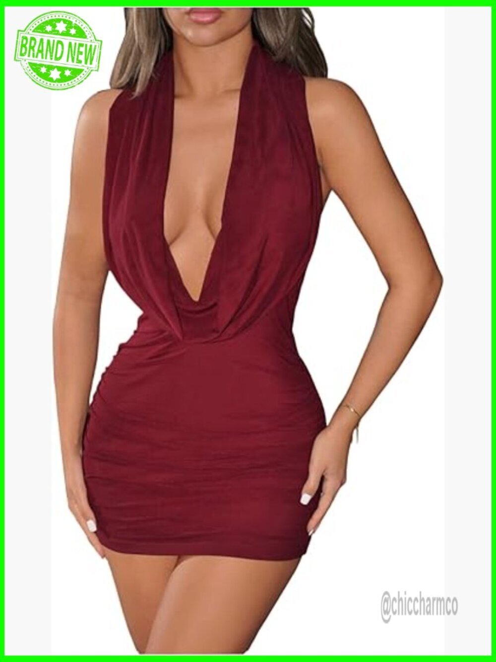 Deep V Neck Bodycon Drape Mini Dress Sexy Open Back Party Clubwear